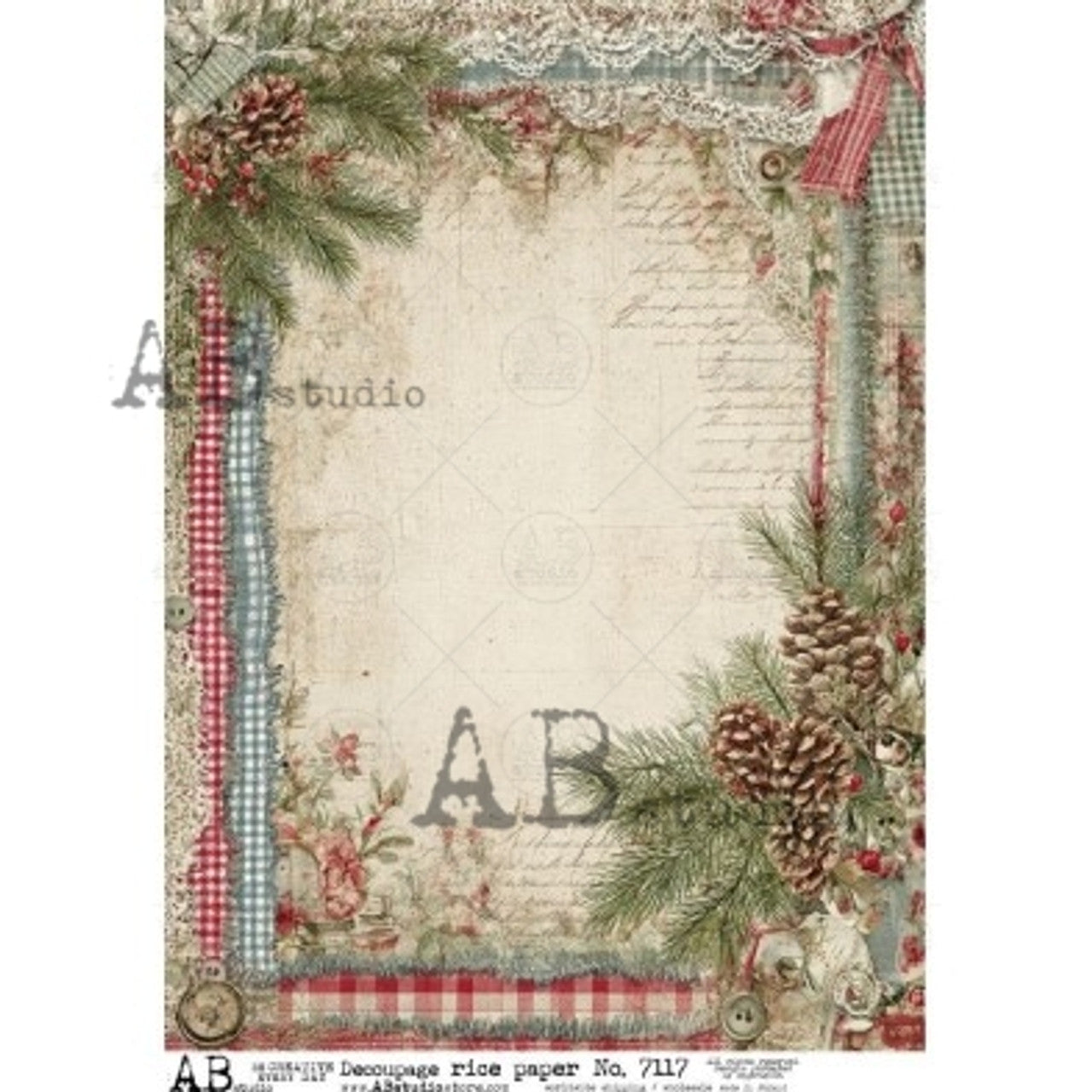 AB Studios Holly & Flowers Vintage Frame A4 Rice Paper 7117