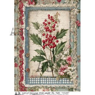 AB Studios Holly & Flowers Vintage Frame A4 Rice Paper 7120