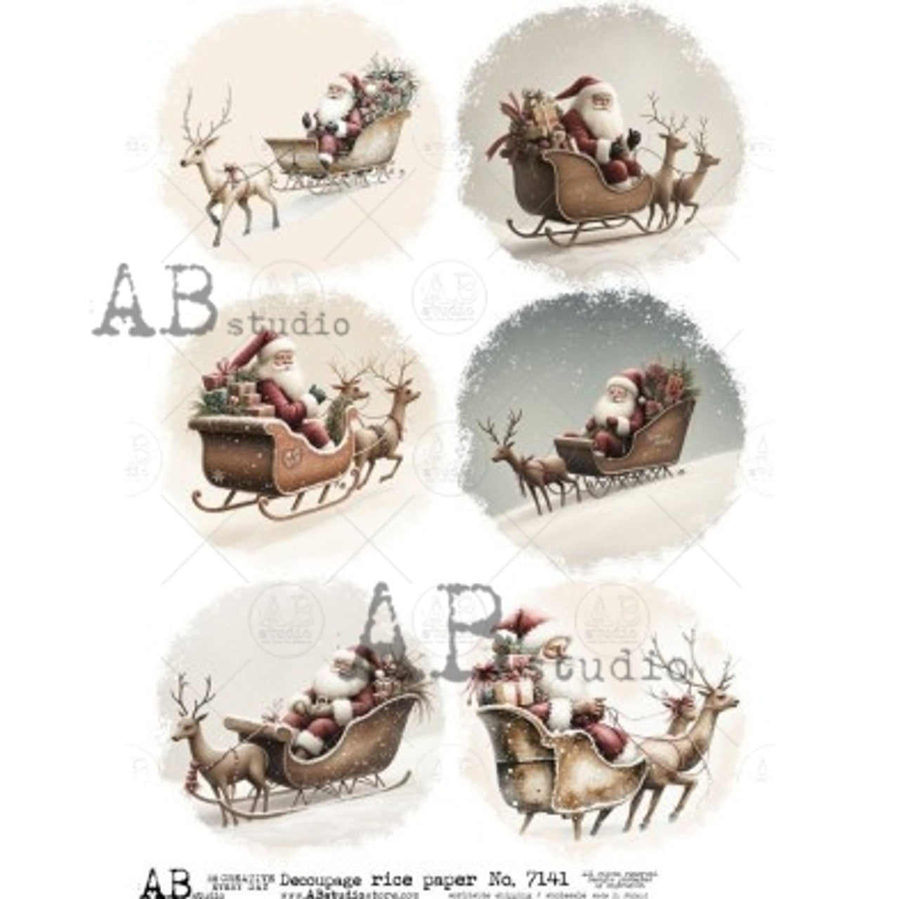AB Studios Santa in Sleigh with Reindeer A4 Rice Paper 7141