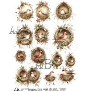 AB Studios Winter Robins in Nests A4 Rice Paper 7171