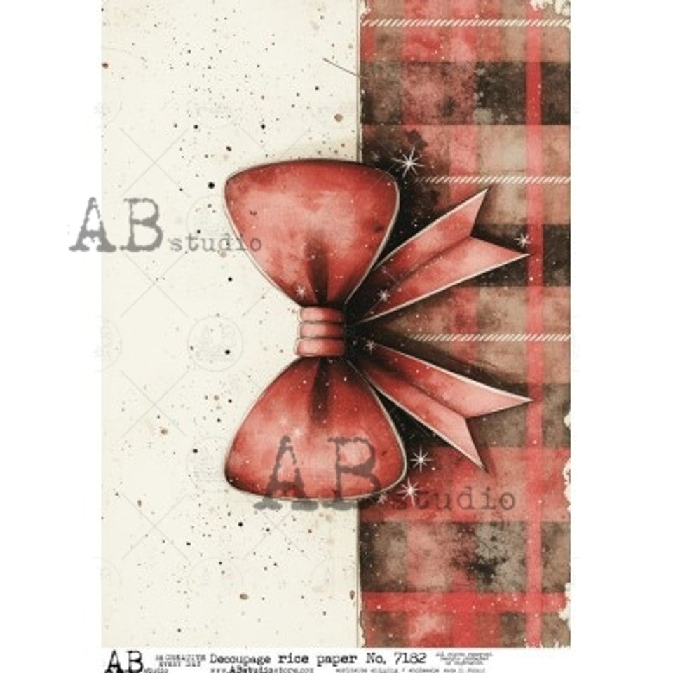 AB Studios Red Christmas Bow & Plaid A4 Rice Paper 7182