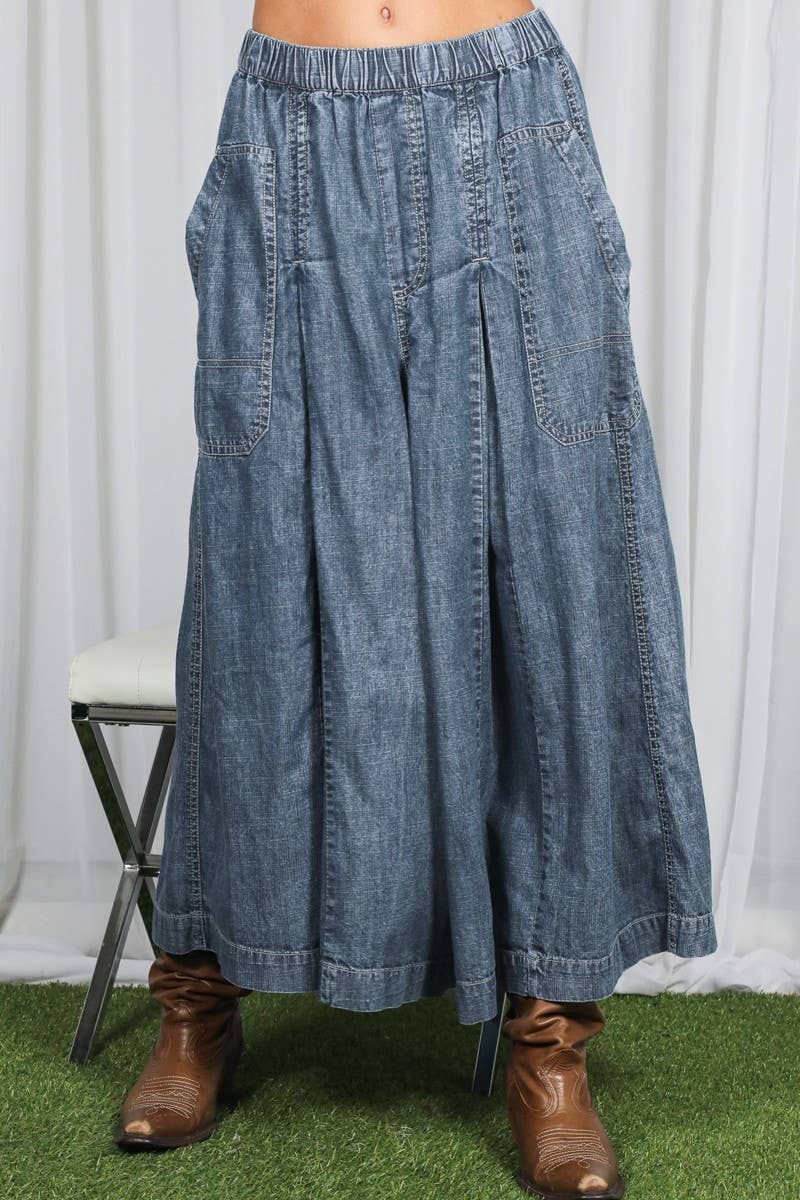 Pin-Tuck 100%Tencel Chambray Cropped Washed Pants / S