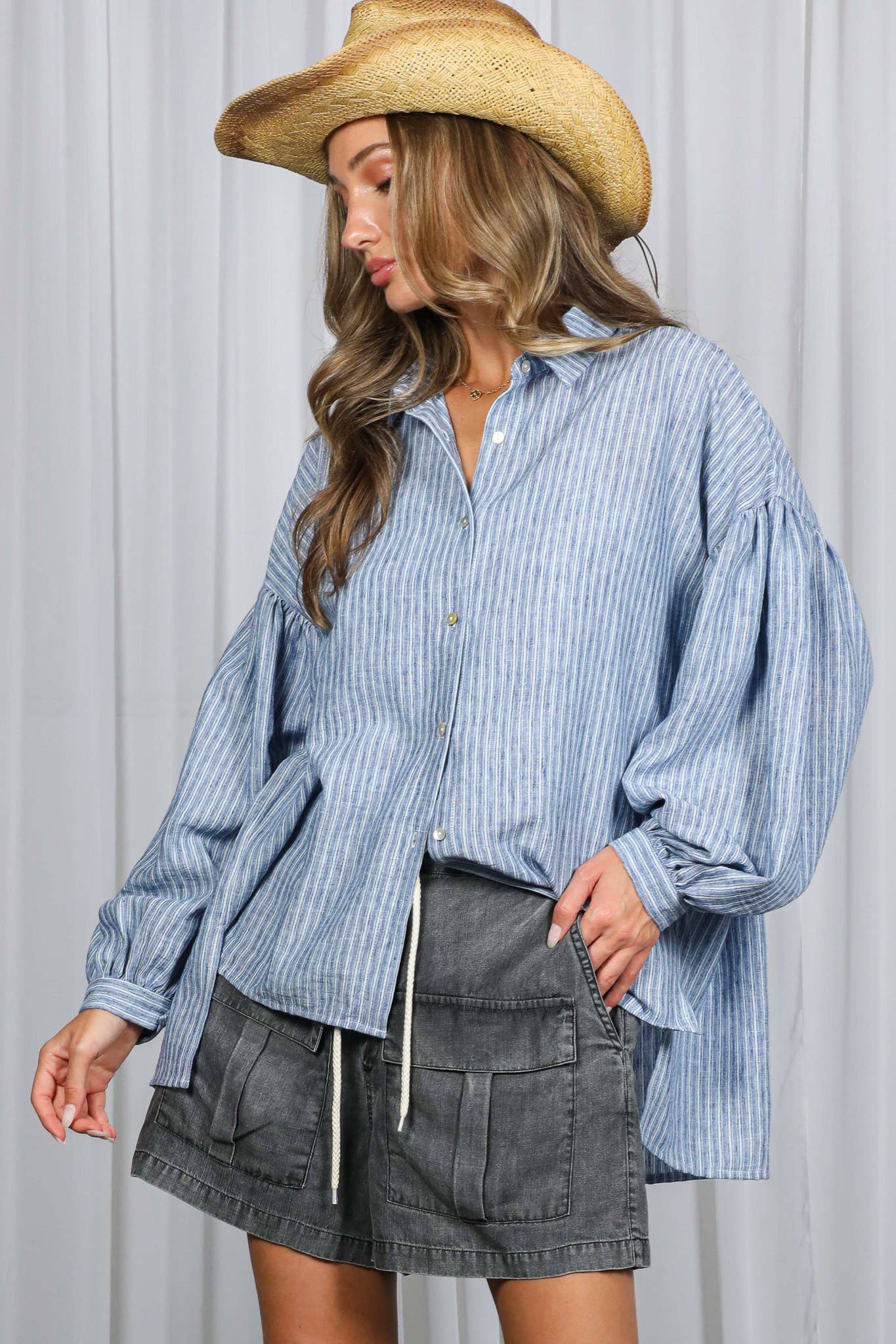 Stripe Print Long Balloon Sleeve Oversized Shirt VT83068: Taupe / S