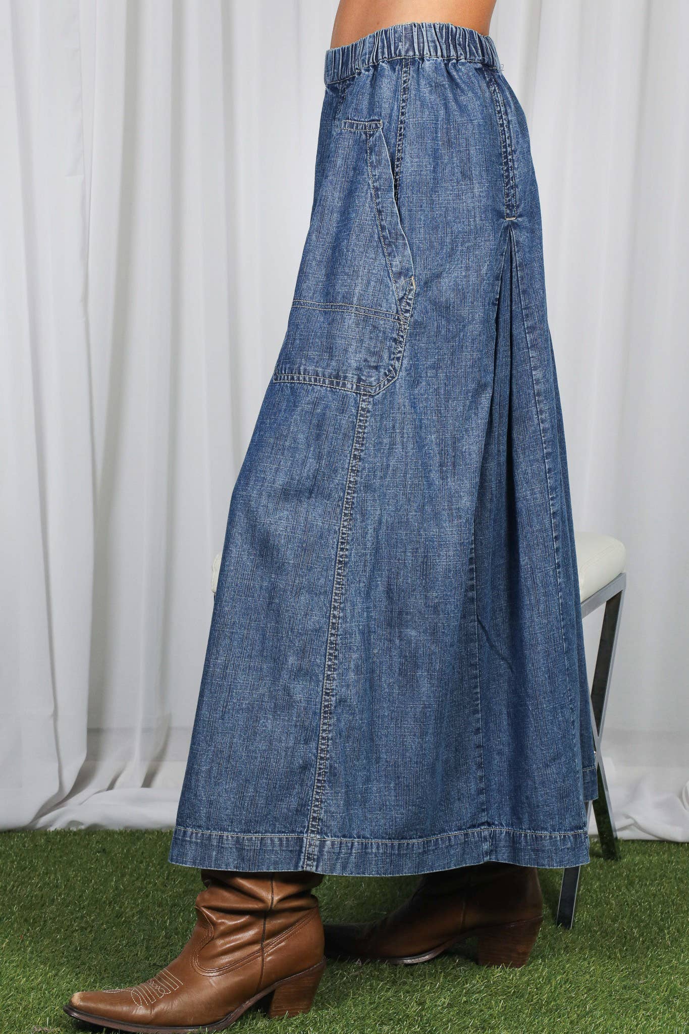 Pin-Tuck 100%Tencel Chambray Cropped Washed Pants / S