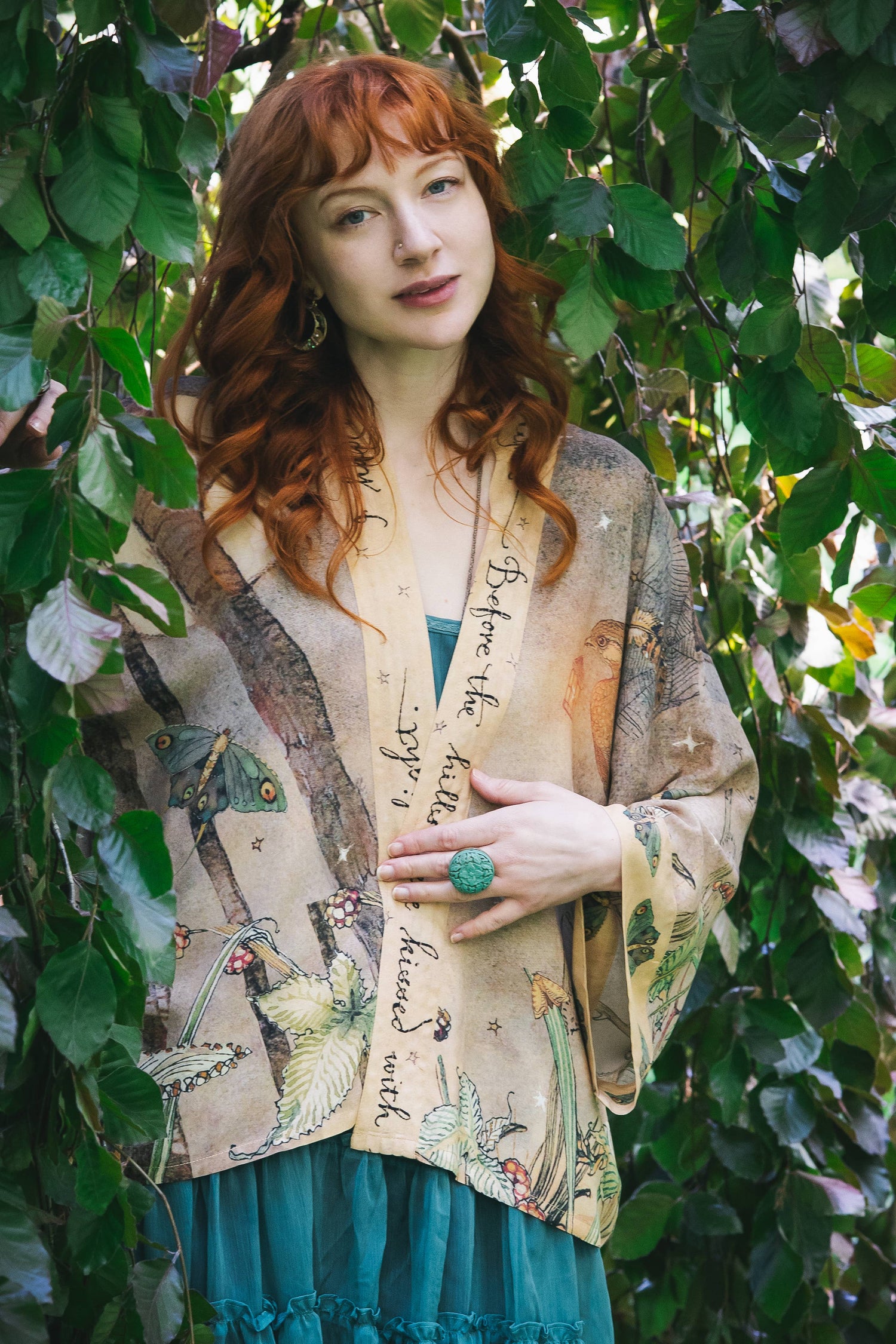 Lovelight Pixie Cropped Kimono w/ woodland swallow & stars