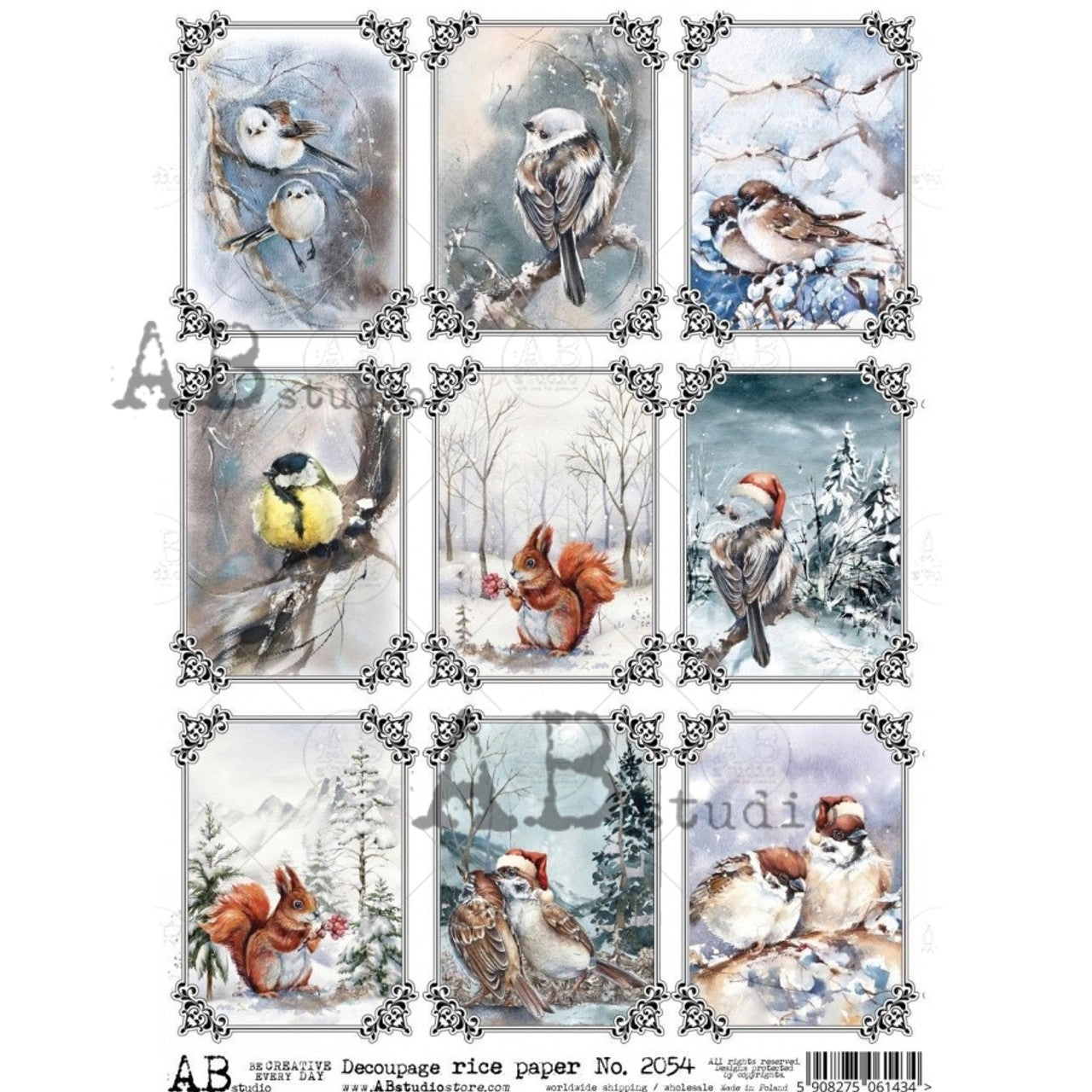 AB Studios 9 Winter Birds and Forest Animals Rice Paper 2054