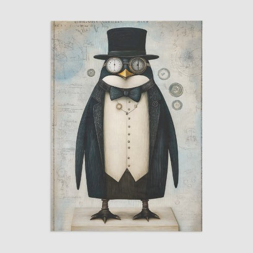 Whimsical Steampunk Penguin Dressed L5 Decoupage Tissue Paper
