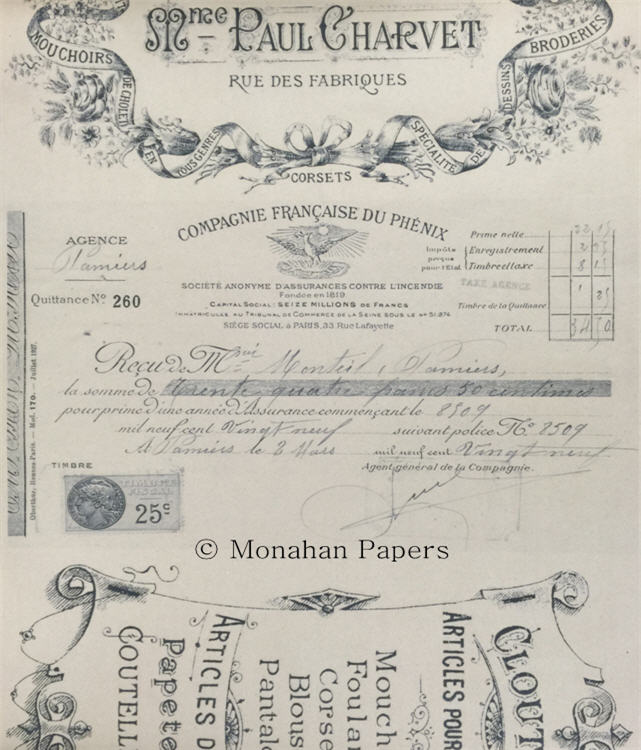 Monahan Papers FRENCH RECEIPTS  --note..paper is WHITE