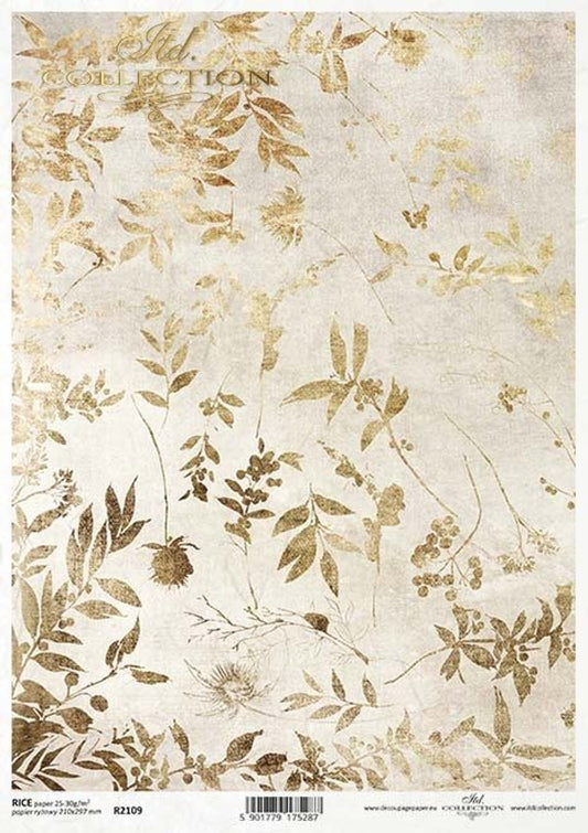 ITD Collection Gold Leaves on Ivory A4 Rice paper 8"x11"-R2109