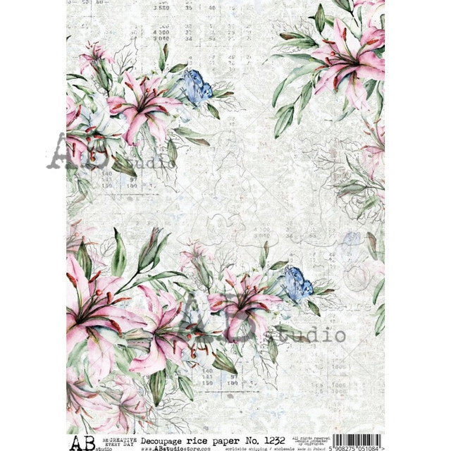 AB Studios Pink Lillies A4 Rice Paper 8"x11"-1232
