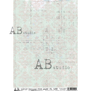 AB Studios Mint and Pink Damask A4 Rice Paper 8"x11"-1233