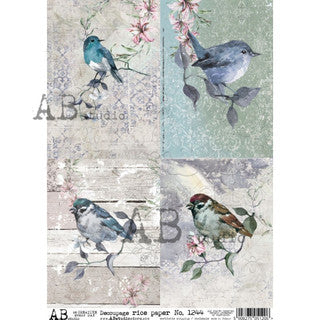 AB Studios 4 Pack Watercolor Blue Birds A4 Rice Paper 8"x11"-1244