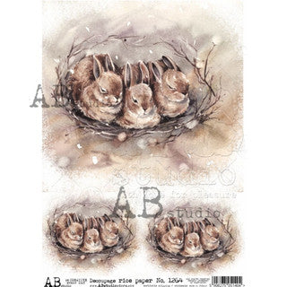 AB Studios Sepia Nesting Bunnies A4 Rice Paper-8"x11"-1264