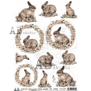 AB Studios Sepia Bunny Rabbits A4 Rice Paper-8"x11"-1288