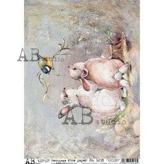 AB Studios Two Bunnies and a Bird A4 Rice Paper-8"x11"-1293